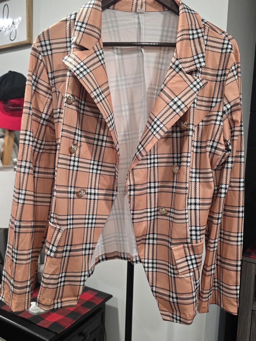 Women's Plaid Double-Breasted Blazer Jacket - Peach Plaid Large
